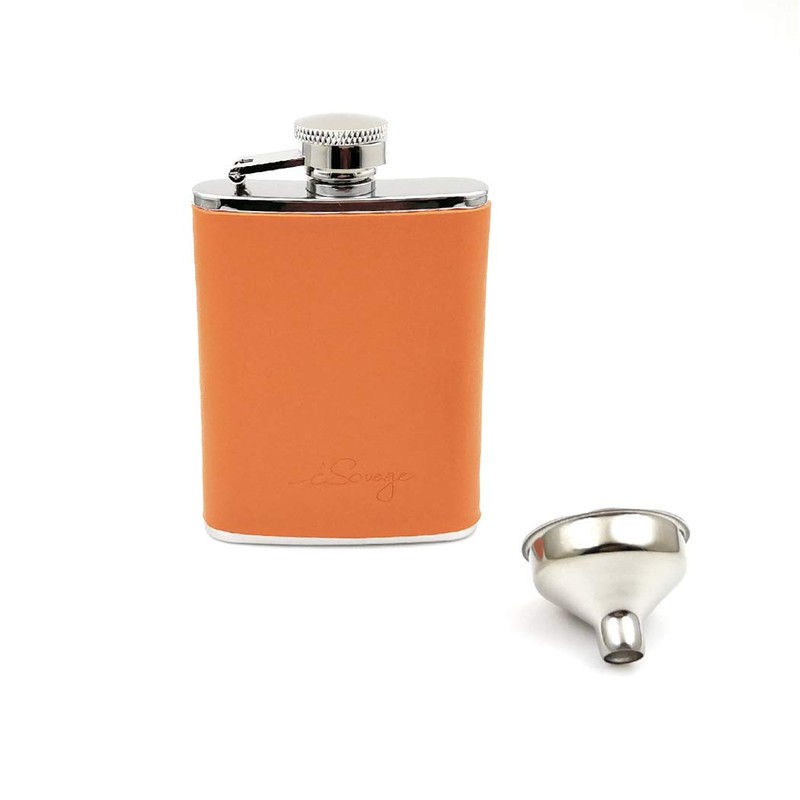 iSavage 3oz Orange Leather Wrapped Hip Flask with a Funnel