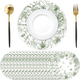 50 Pack Green Floral Paper Placemats 13 Inch Vintage Sage Green Flower Disposable Place Mats Decorative Chinoiserie Round Table Mats for Dinner Table Setting Birthday Wedding Party Supplies
