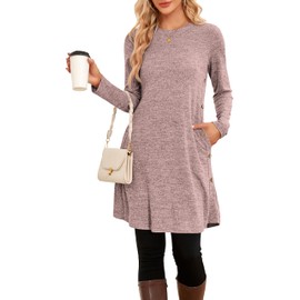 SENBATU Winter Sweater Dress for Women, Long Sleeve, Casual, Side Buttons, Tunic, with Pockets, Pink Grey