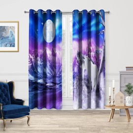Jekeno Snowy Wolf Blackout Curtains, Starry Sky Aurora Colorful Print Decor, Mountains Chilly Theme Grommet Window Drapes for Home Bedroom Living Room, 52 Wide 63 Long Inches 2 Panel Set