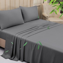 YIYEA Cooling Sheets, 100% Viscose Derived from Bamboo Sheets Queen Size, Luxury 400TC Queen Sheet Set, 16" Deep Pocket, Double Stitching, Breathable, Silky Soft, Perfect for Hot Sleepers (Grey)