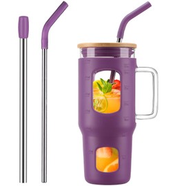 WINSA Glass Tumbler with Straw and Lid, 32 oz Glass Cup with Handle, Glass Water Bottles with Time Marker, 2 Straws - Pearl Straw & Drinking Straw Silicone Protective Sleeve-Dark Purple