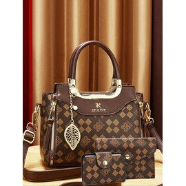 ZK&WK Women's Elegant Leaf Embossed Pu Leather Handbag & Wallet & Purse, Fashionable Large Capacity Tote Bag Set for Daily Use - Color: set1, Size: one-size
