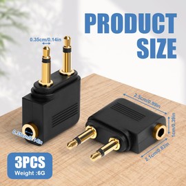 AXFEE Airplane Flight Headphone Adapters, 3 Pack Gold Plated 3.5mm Airplane Flight Adapters for Headphones, Airplane Headphone/Earphone Socket Adaptor, Stereo Aux Jack Headphone Adapters, Black