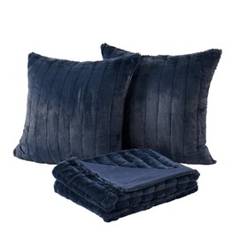 Home Soft Things Rabbit Faux Fur Throw Blanket (50" x 60") and 2 Pillow Covers (18" x 18")，3 Piece Navy Blue Throw Pillow Set，Decorative Throw Blankets for Couch Bed Living Room