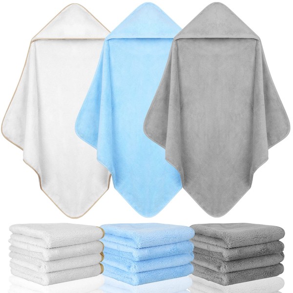 15 Pcs Baby Bath Towel and Washcloths Set Includes 3 Pcs Baby Hooded Towels and 12 Pcs Baby Washcloths Fleece Soft Towels Absorbent Wash Clothes for Newborn Toddler Boy Girl Infant Essentials Gift