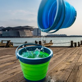 heekin 2 x 5L foldable bucket, folding bucket, suitable for car washing, outdoor camping, water fetch, children's play, pet feeding, cleaning (1 blue and green round bucket)