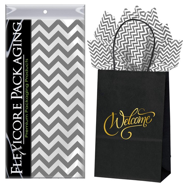 Flexicore Packaging Black Kraft Paper Welcome Bags & Gray Gift Wrap Tissue Paper | Size: 5.25 Inch X 3.25 Inch X 8.25 Inch | Count: 50 Bags | Color: Gray Chevron