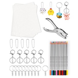 Friedwohl 53 Piece Shrink Film Set, Shrink Film Set for Children, with 20 Blank Shrink Film, Keychain Accessories, Colouring Pencils, Hole Punch, Shrink Film Craft Set, DIY Craft Decorations