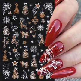 6 Sheets Gold Glitter Christmas Snowflake Nail Stickers 3D Self-Adhesive Christmas Tree Snowball Bow Nail Decals Xmas Snow Nail Design Gold Shiny Elk Lantern Nail Supplies for Women Nail Decorations