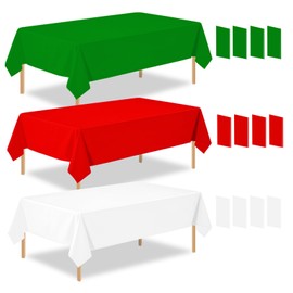 12 Pack 3 Color Christmas Plastic Table Cloth Disposable Rectangle Tablecloth 54 x 108 Inch, White Red Green Table Covers for Christmas Birthday Italy Party Decorations