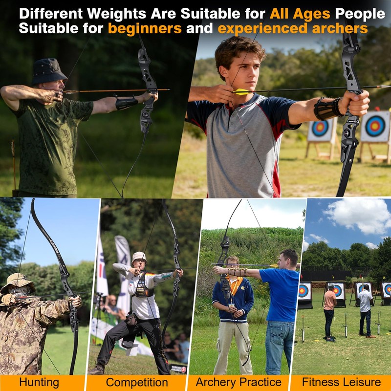 TOPARCHERY 62" Black Hunter Recurve Bow, ILF Interface Shock Absorption