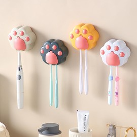 4PCS Toothbrush Holder Wall Mounted with Cover, 2 Slots Self Adhesive Toothbrush Holder, Cute Cat's Paw Toothbrush Storage Organizer for Shower, Toothbrush Hanger Rack for Dorm, Cabinet (4 Colors)