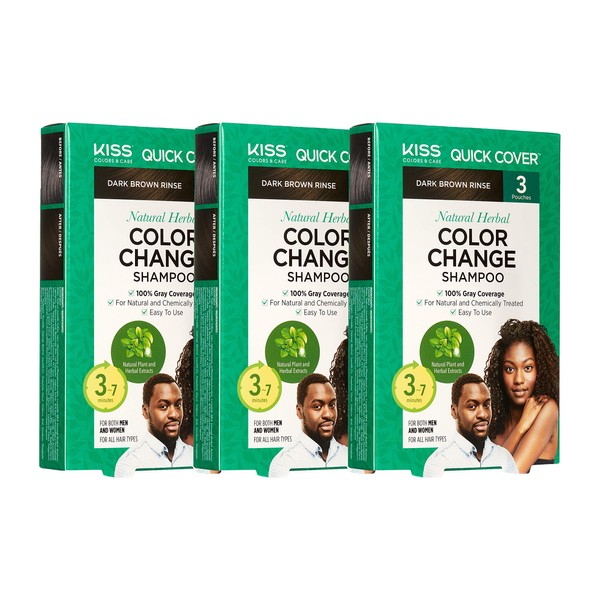 KISS Quick Cover Natural Herbal Color Change Shampoo 3 Pouches (3 PACK, Dark Brown)