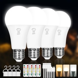 Kimjo 4 Pack Rechargeable Light Bulbs with Remote, Keep Lighting During Power Outage, 2600mAh Emergency Battery Operated Light Bulb with 3 Colors, Dimmable for Home, Camping, Tent (E26, with Hook)
