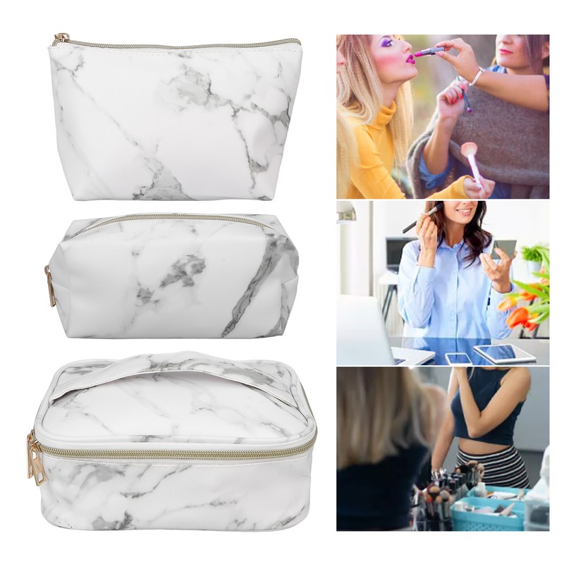3Pcs Women Cosmetic Bag Marble Print Makeup Case Storage Handbag