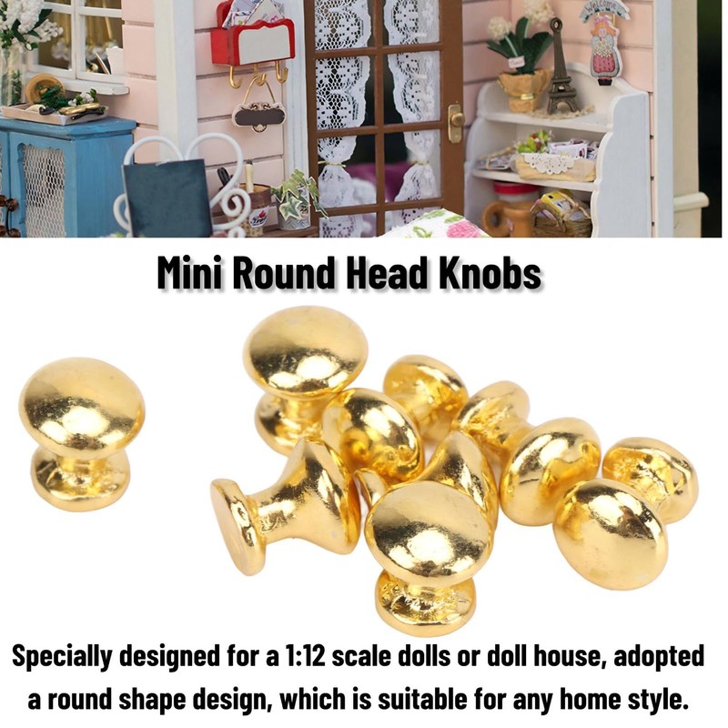 8Pcs 1:12 Scale Miniature Round Head Knobs, Metal Dollhouse Door