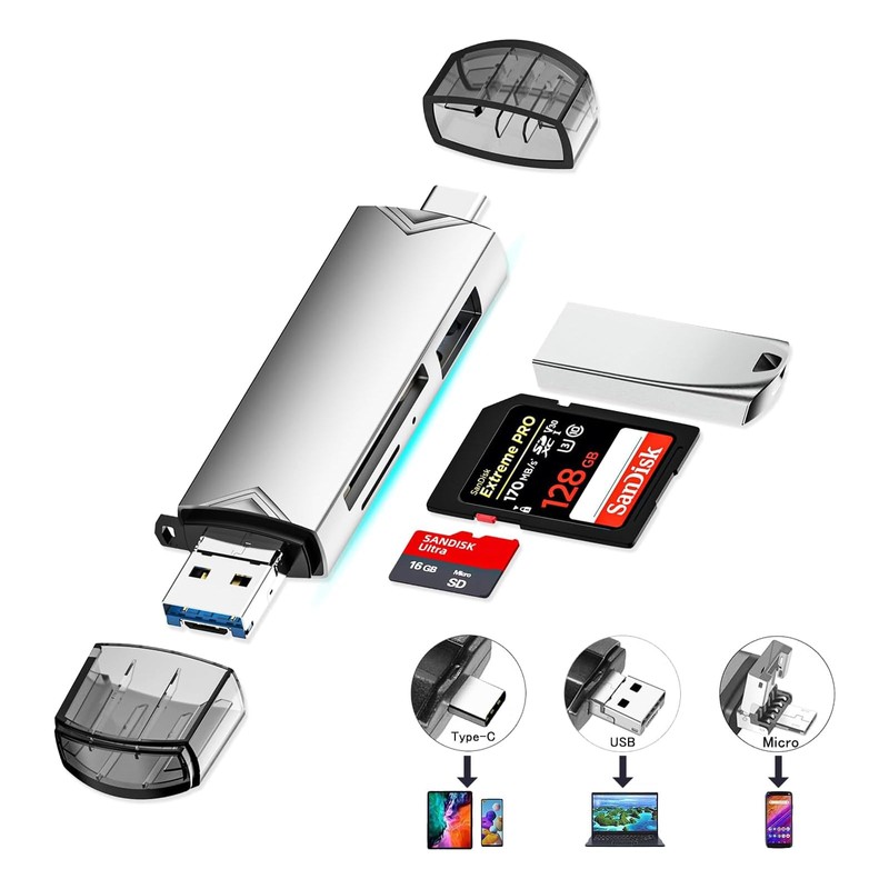 SDカードリーダ3-in-1メモリカードリーダ多機能データ転送Type-C/Micro USB/USB SD TF USBカメラアダプタ0 TG機能変換アダプタ超小型双方向高速データ転送写真/ビデオ/ファイル/キーボードWindows/Macbook/Android互換（グレイ）