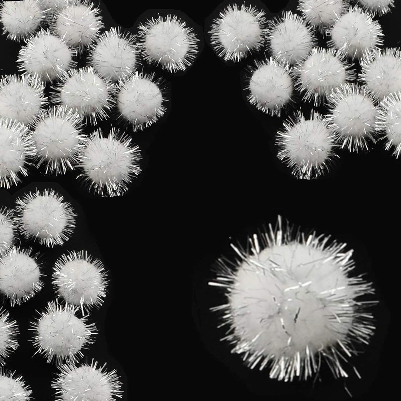 Plush Pompoms with Silver Glitter, Round Pompom, White Colour Set,