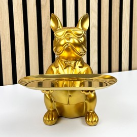 Alfie Francis 22cm Tall Gold Resin French Bulldog Ornament Holding Trinket Dish/Tray Figurine Statue Sculpture Home Decoration