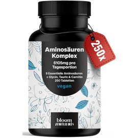 Amino Acids Complex High Dose - 250 Tablets - 6105 mg per Daily Serving with 9 Essential Amino Acids + Glycine, Taurine & Carnitine - Protein Tablets - Vegan & Produced in Germany