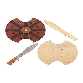 Baker Ross FE458 Gladiator Wooden Swords & Shields - Pack of 2, Wooden Sword and Shield to Decorate, Paint Your Own Sets for Kids, Fancy Dress Set for Children