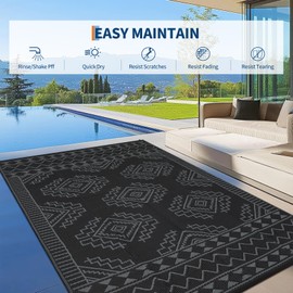 GarveeHome Outdoor Rug 8 x 10 Large Geometric Plastic Straw Rug, Waterproof Reversible Woven Carpet, UV-Resistant Camping Rug, Outside Patio Rug for Picnic, Balcony, Deck, Backyard, Black Gray