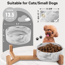 Ihoming Marbling Cat Bowls, Puppy Ceramic Food and Water Bowls Set, 1 3/4 Cups X 2, Indoors Black Pet Bowls with Wood Stand