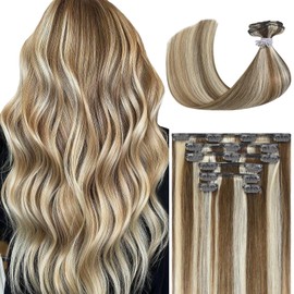 WindTouch Blonde Clip in Hair Extensions Human Hair, 15 Inch 70g Light Brown Mixed Bleach Blonde Highlight Hair Extensions, Clip in Hair Extensions for Women Natural Straight Real Human Hair