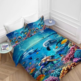 Lovira Ocean Animal Sea Tutrle Beach Dolphin Theme 3D Print 3 Pieces Bedding Comforter Set with 2 Pillowcase Queen Size Nautical Fish Duvet Cover Bed Sheet Quilt Bedroom Decor for Lover Adults Kids