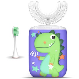 Kids Toothbrush Electric, U Shaped Ultrasonic Automatic Toothbrush with 2 Brush Heads, Six Cleaning Modes, Cartoon Modeling Design for Kids, Special for Birthday Gift (3. Green)