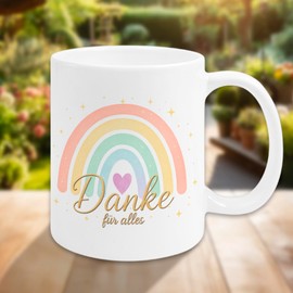 Tasse Danke für Alles mit Regenbogen – Geschenk für Erzieherin, Lehrerin, Kollegin – Abschiedsgeschenk mit Geschenkverpackung – Handmade in Deutschland (Weiß)