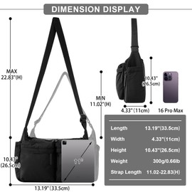 Nylon Crossbody Messenger Bag for Women,Large Shoulder Bag Hobo Tote Bag with Multi-pocket,Lightweight Computer Crossbody Bag Hand Bag with Zipper for Travel Work(Black)