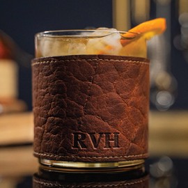 The Gentleman Rocks Glass & Sleeves ~ Shrunken Bison Leather - Set of Two Wraps & Glasses