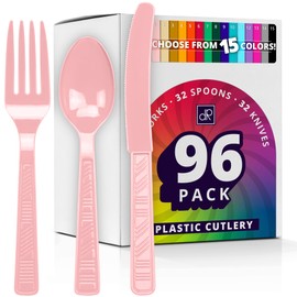 DecorRack Plastic Cutlery Set, Pink Colored Plastic Silverware Sets for Parties, 96 Piece Bulk Heavy Duty Utensils (Pink, 96 Pieces)