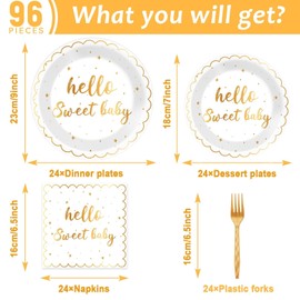 ZOIIWA 96 PCS Hello Sweet Baby Tableware Set for 24 Guests oh Baby Party Supplies Hello Baby Plates Napkins Baby Shower Party Table Decor White and Gold Dinnerware Baby Shower Birthday Party Favors
