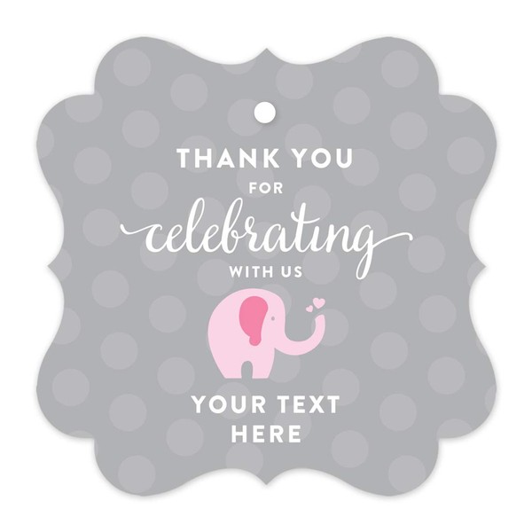 Andaz Press Pink Girl Elephant Baby Shower Collection, Personalized Fancy Frame Gift Tag, Madison's Baby Shower, Your Text Here, 24-Pack, Custom Made