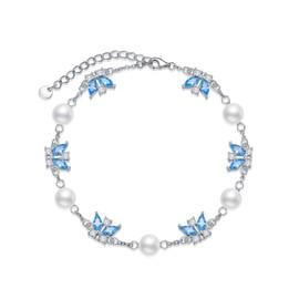 AOBOCO Butterfly Bracelet Sterling Silver Pearl Bracelet, Butterfly Jewellery Gifts for Her Girls Women