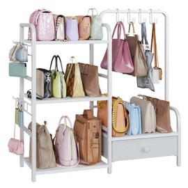 Nuoex High-Capacity Bag Organizer for Closet, 3 Tier Floor-Standing Purse Storage with Hanger, Drawer and Adjustable Hooks, High-Capacity Bag Organizer, White