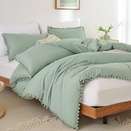 YIRDDEO Full Size Comforter Sets - Full Size Comforter with Ball Pom Fringe, Soft Bedding Set for All Seasons - 3 Pieces, 1 Comforter (79"x90") & 2 Pillow Shams(20"x26"), Sage Green