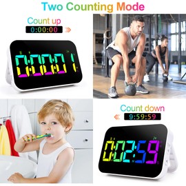 Digital Kitchen Timer, 10 RGB Color Rechargeable Magnetic Timer for Cooking with Countdown/Up, 5”LED Large Display with Sound Alert Function, Kids Timers for Classroom Gym Work Study Fitness Game