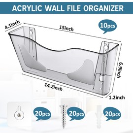 RattanView 10 Pack Acrylic Single Pocket Hanging File Organizer, Plastic Hanging Wall Mount File Holder Wall Pocket Mails Magazines Organizer Mounted Folder Bins for Office, School and Home