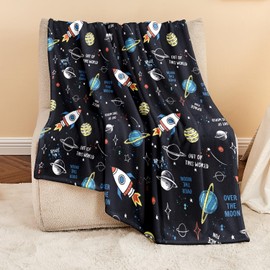 Wajade Space Cuddly Blanket for Children Cuddly Blanket Fluffy Sherpa Blanket Children's Fleece Blanket Soft Warm Fluffy Blanket for Girls Boys 127 x 153 cm