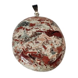 KRIO 1 x Großer Broken Jasper Brekzienjaspis Scheibenstein Therapiestein Handschmeichler als Anhänger mit Silberöse - Größe L Steinlänge ca 42mm, Dicke ca 10mm (Broken Jasper 8)