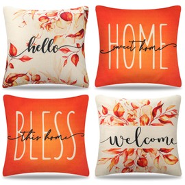 Cushion Cover Spring Summer Autumn Orange Leaves Cushion Cover Decorative Outdoor Cushion Sofa Cushion Linen Decorative Cushion Covers 45 x 45 cm Set of 4 for Sofa Couch Living Room Bedroom