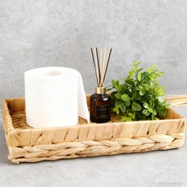 PENGARO Rectangle Bathroom Tray, 10" Bathroom Over Toilet Tank Tray Water Hyacinth Wicker Basket for Bathroom Counter Long Narrow Badtub Hand Towel Storage Basket for Home Decor, Rattan Yellow