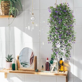 TOCHGREEN 4Pcs Artificial Hanging Plants Fern Vine, Faux Plastic Plants Fake Ivy Vine Greenery Garland with Purple Flower, Outdoor Indoor Decorations for Living Room Balcony Garden Wall Home Decor