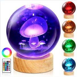 3D Mushroom Crystal Ball Night Light with Remote Upgraded 3.15 in Mushroom Glass Ball Lamp with 16 Color Wooden LED Base Cute Mushroom Room Table Lamp Decor It's a Christmas, Thanksgiving Gift