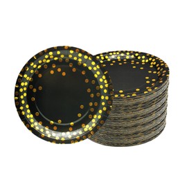 CEILIWEN Gold Paper Plates, Black and Gold Party Plates Pack of 100, 7’’/18CM Black Party Plates, Black and Gold Foil Dots Paper Plates, Paper Dishes, Party Decoration Supplies (18CM-100PCS)