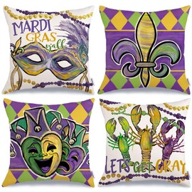 GEEORY Mardi Gras Throw Pillow Covers 18 x 18 Inch Set of 4, Mardi Gras Y'all Fleur De Lis Jester Hats Beads Mask Feather Lobsters Pillowcases for Home Sofa Couch Cushion Decoration G422-18